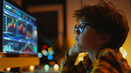 A young boy is looking at a computer screen with graphs and numbers, kid learning to invest money. - 775259331
