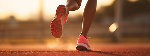 Lady or female / woman Latin trail runner running on a red stadium track with a close-up of the trail running shoes during sunset 