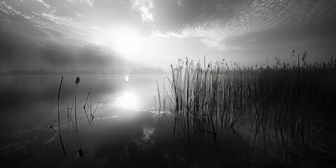 A serene black and white photo of the sun setting over a calm lake. Perfect for nature and...