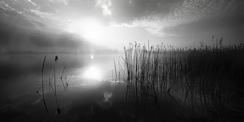 Foto op Plexiglas A serene black and white photo of the sun setting over a calm lake. Perfect for nature and landscape themes © Fotograf