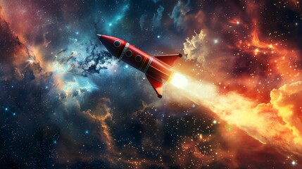 A red rockets journey begins, up close against a dynamic, colorful space backdrop, embodying success and exploration - obrazy, fototapety, plakaty
