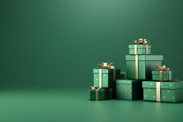 Minimal green background with a small pile of wrapped gift boxes at one side seen from a low angle for a birthday 