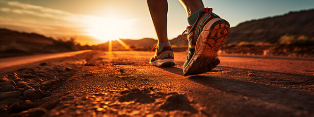  male or man South-African trail runner running on a paved street with a close-up of the trail running shoes during sunset 