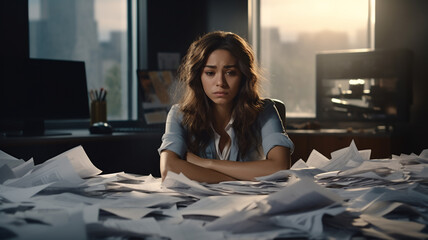 A tired and frustrated young adult and Latin business woman is sitting at her modern office desk with her hands crumbling a paper with backlighting 