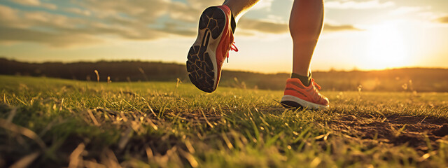  male or man Caucasian trail runner running on a path between meadows with a close-up of the trail running shoes during sunset 