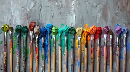 A row of paintbrushes, tips dipped in a spectrum of colors, against an artistic wooden canvas