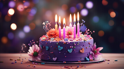 A birthday cake with flower decorations and sparklers and a background with decorations in bokeh 