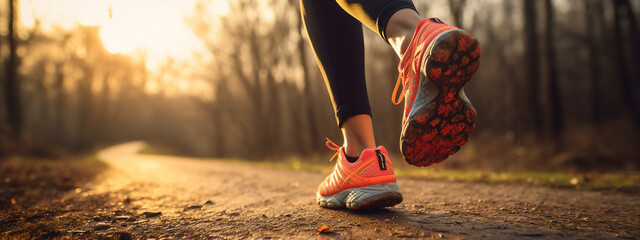 Lady or female / woman Caucasian trail runner running on a forest path with a close-up of the trail running shoes during sunset 