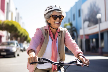 A beautiful elderly of Latin hipster woman riding her bicycle to work, a frontside portrait of a woman commuting on a bicycle on a sunny day in an urban street at mid-day 