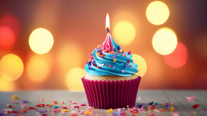 A birthday cupcake with flower decorations and colorful candles and a hearts of light on the background  