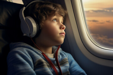 A gorgeous Caucasianchild man sitting in an airplane next to the window while listening to music with headphones, with a cloudy sky visible through the airplane window, a frontal angle 