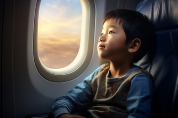 A gorgeous Asianchild man sitting in an airplane next to the window looking at the television, with a sunny sky visible through the airplane window, a profile Angle 