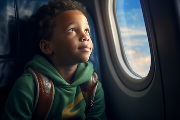 A gorgeous South-Africanchild man sitting in an airplane next to the window looking out the window, with a sunny sky visible through the airplane window, a frontal angle  - obrazy, fototapety, plakaty