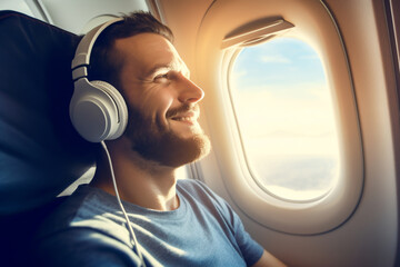 A gorgeous childCaucasian man sitting in an airplane next to the window while listening to music with headphones, with a sunny sky visible through the airplane window, a frontal angle 