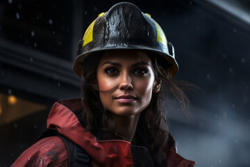 A working shot of a Latindirtyfemale firefighter wearing a firefighter costume and helmet an isolated shot with rain 