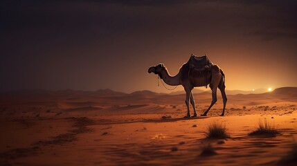 A camel walks in the sand desert