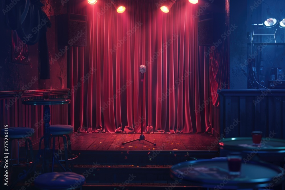 Aufkleber A stage with a red curtain and stools. Perfect for theater or performance concepts