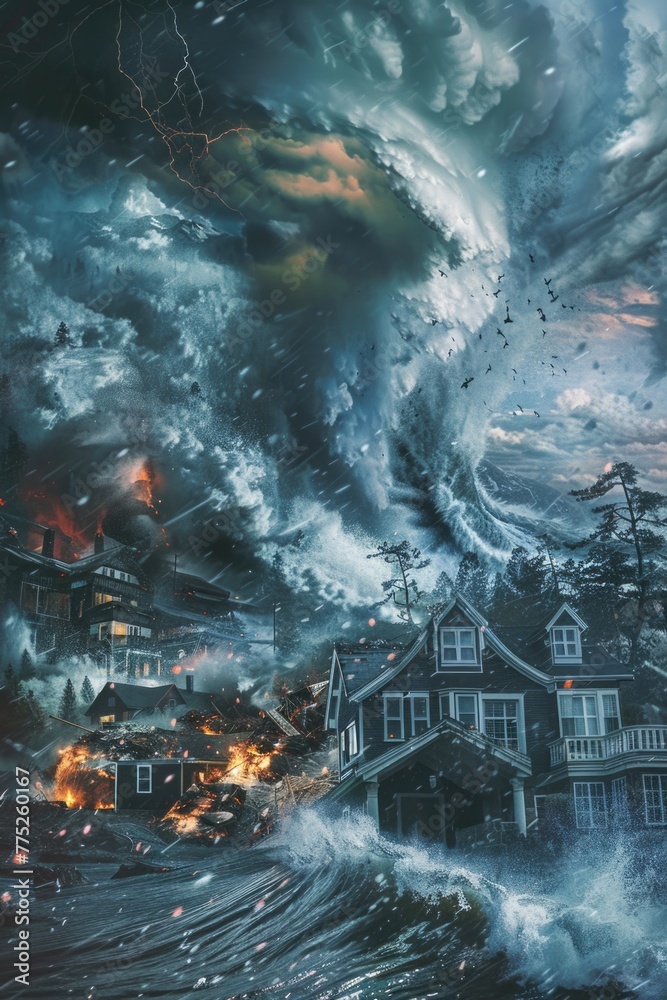 Poster a powerful storm raging in the ocean, perfect for weather-related projects