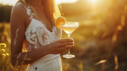 A woman holding a cocktail glass in a beautiful field. Perfect for lifestyle and summer themed designs - Powered by Adobe