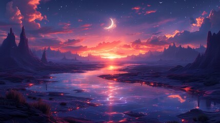 Sunset over an alien landscape with crescent moon
