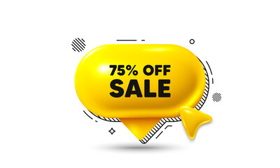 Click here speech bubble 3d icon. Sale 75 percent off discount. Promotion price offer sign. Retail badge symbol. Sale chat offer. Speech bubble banner. Text box balloon. Vector