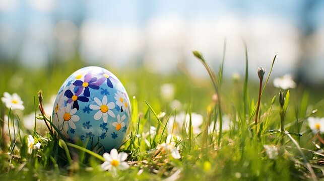 Colorful egg with flowers laying on the meadow. Easter egg concept, Spring holiday