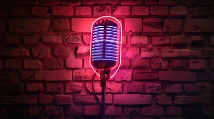 A microphone with vibrant neon lights on a textured brick wall. Perfect for music events and nightlife promotions
