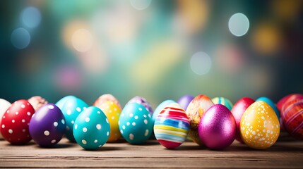 Fototapeta na wymiar Colorful eggs with copyspace on wooden floor with bokeh background. Easter egg concept, Spring holiday