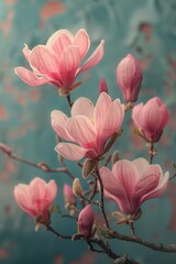 Delicate Pink Magnolia Blossoms in Ancient Landscape Generative AI