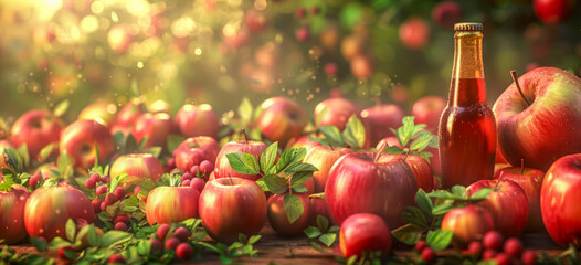 Bottle of apple juice, bunch of natural apples, bright and cheerful scene