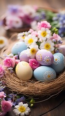 Fototapeta na wymiar A basket of colorful eggs with copyspace on wooden floor. Easter egg concept, Spring holiday