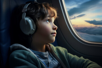 A gorgeous Caucasianchild man sitting in an airplane next to the window looking at the television, with a cloudy sky visible through the airplane window, a profile Angle 