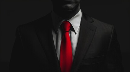 A shadowy outline of a man without a face, donning a classic suit and red tie, set against a pitch-black background, highlighting the formality and mystery of the character
