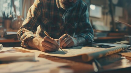A man sitting at a table writing on a piece of paper. Suitable for business or education concepts - obrazy, fototapety, plakaty