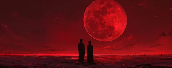 Gordijnen Silhouettes under a red moon on alien landscape © LabirintStudio