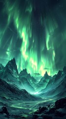 Obraz na płótnie Canvas Magical Green Aurora Borealis in Fantasy Landscape Generative AI