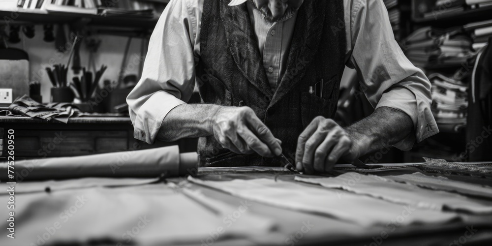 Poster A man is working on a piece of wood. Suitable for carpentry and DIY projects