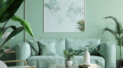 A cozy living room with a stylish green couch and a decorative map on the wall. Perfect for interior design concepts