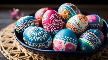 Fototapeta na wymiar A bowl of colorful eggs with copyspace on wooden floor. Easter egg concept, Spring holiday