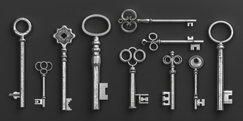 Collection of old keys on a table, suitable for vintage or antique themes - obrazy, fototapety, plakaty