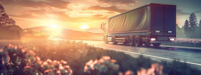 delivery cargo trucks driving in motion on highway road in country field and sunset landscape concept of lorry logistic freight transportation business