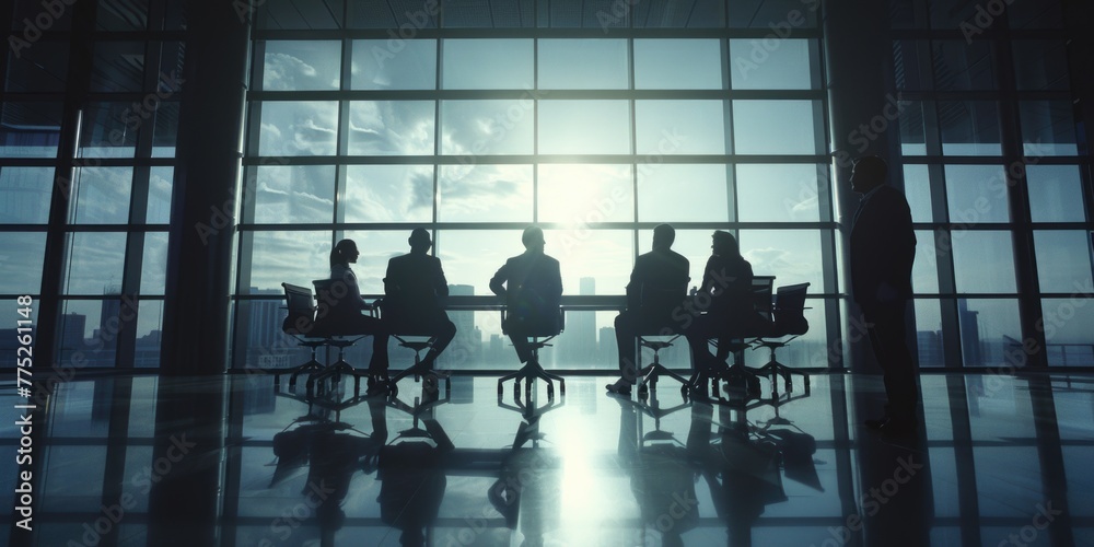 Poster a group of people sitting at a table by a window. perfect for business or casual dining concepts