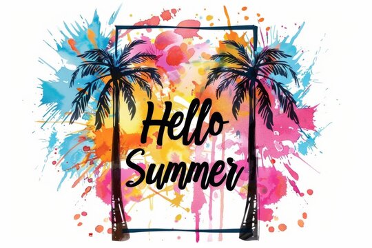 A vibrant summer design featuring palm trees and watercolor splashes in bright colors, with an outline of a square frame around it with the text "Hello Summer" Generative AI