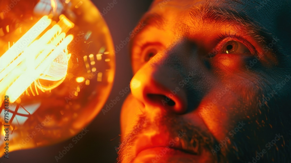 Poster Close up of a person examining a light bulb, suitable for concepts related to innovation and idea generation