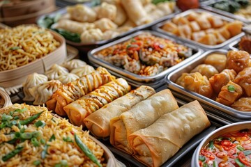 Fototapeta premium Various Asian dishes displayed on a table, perfect for food bloggers or restaurant menus