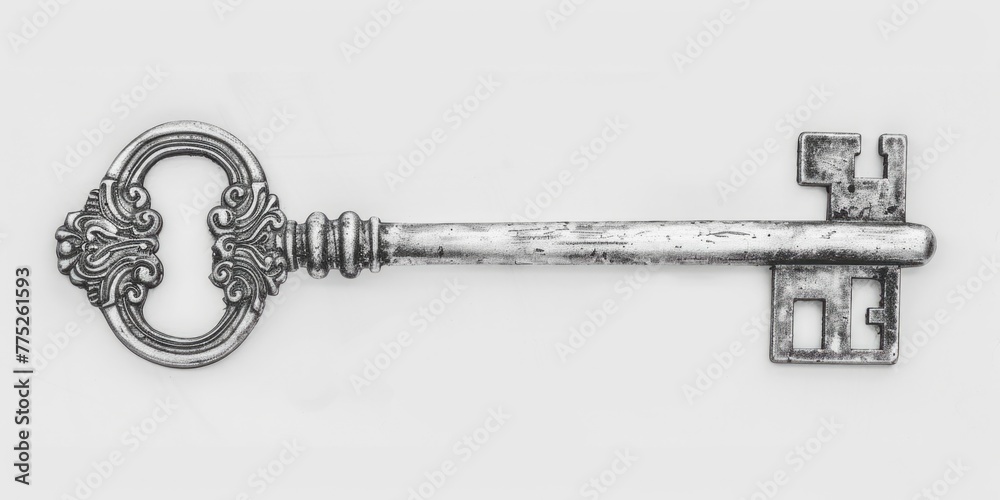 Poster An old key displayed on a white background. Suitable for various concepts and designs