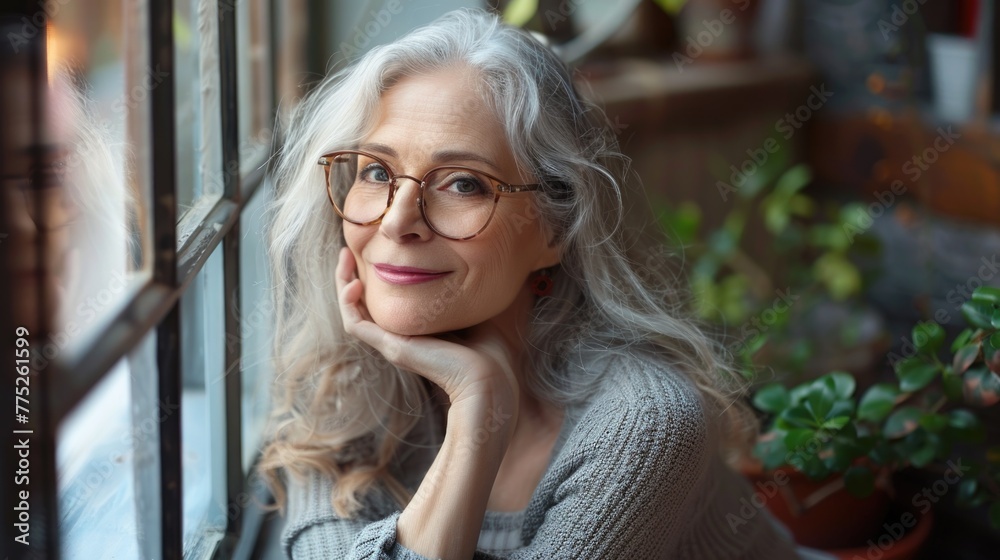 Poster a woman with glasses looking out a window. suitable for various concepts