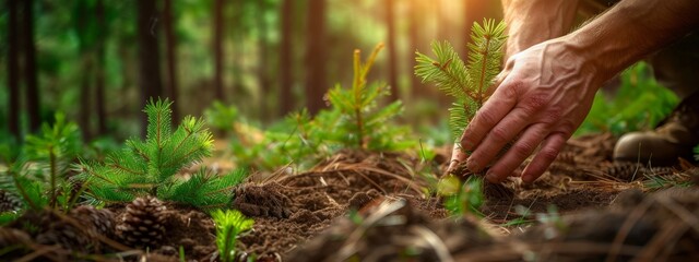 forest conifer plant growth forest ecosystem forestry industry management reforestation environmental rehabilitation concept nature regeneration, hands planting pine tree