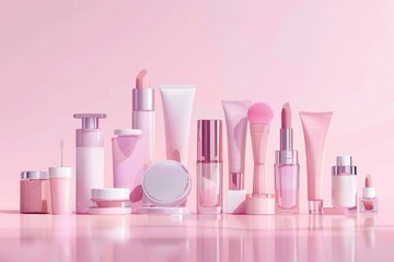 Various cosmetics products arranged on a pink background. Ideal for beauty and makeup concepts