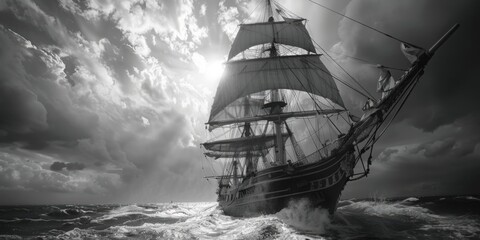 A black and white photo of a ship on the ocean, suitable for travel and maritime themes